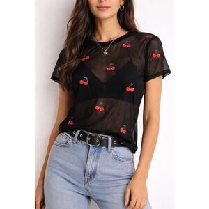 Volcom Black Sheer Mesh Cherry Embroidered Top Women’s Small Y2K Goth Aesthetic